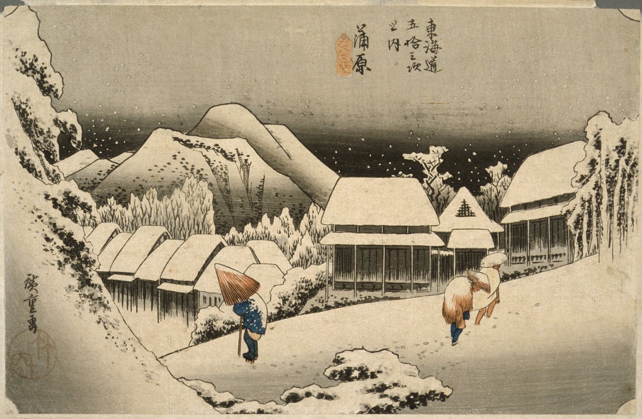 Nieve al atardecer en Kanbara de Utagawa Hiroshige