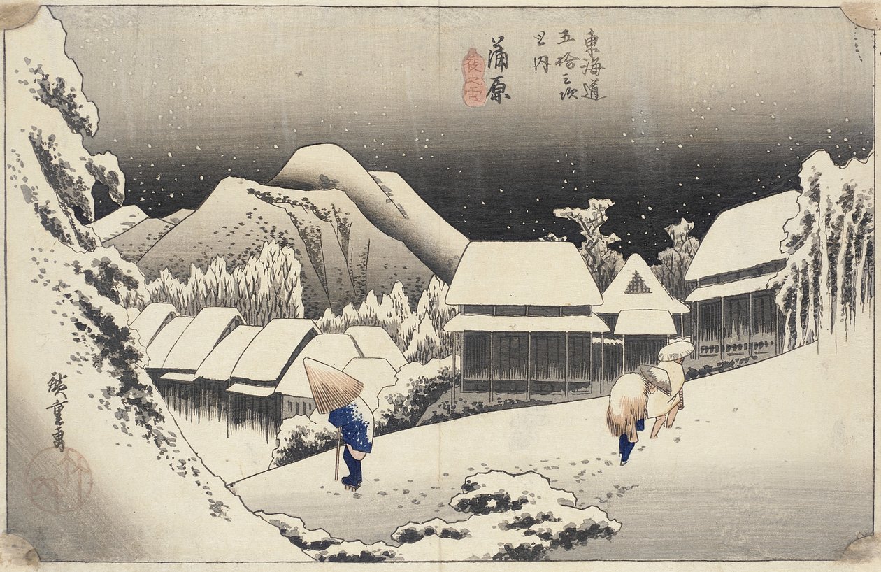 Nieve vespertina en Kanbara de la serie 53 estaciones del Tokaido de Utagawa Hiroshige