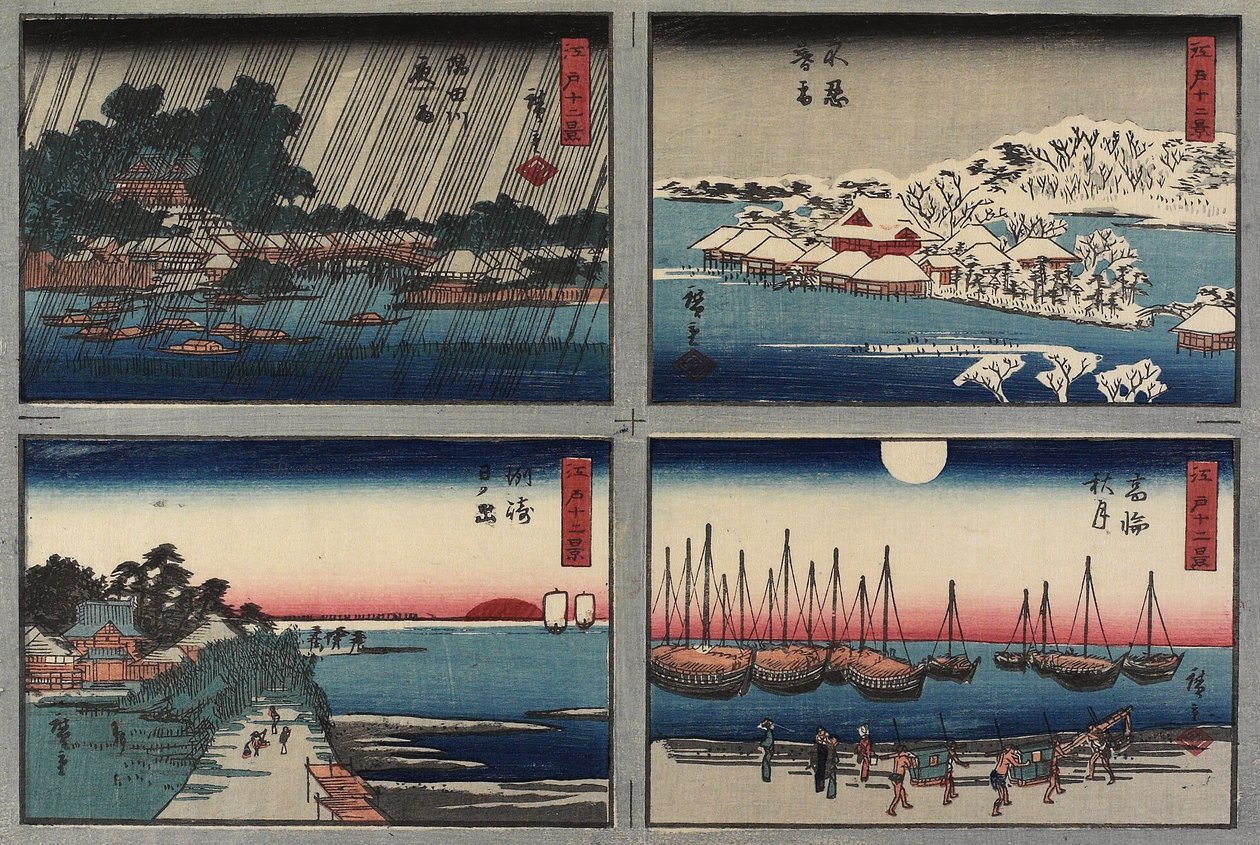 Nieve vespertina en Shinobazu, luna de otoño en Takanawa, amanecer en Susaki, lluvia nocturna en el río Sumida, 1843-1847 de Utagawa Hiroshige