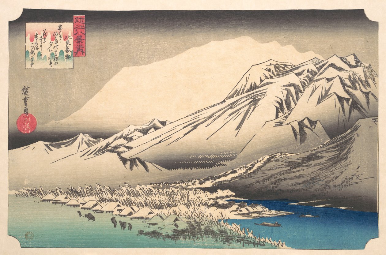 Nieve vespertina en Hira, lago Biwa de Utagawa Hiroshige