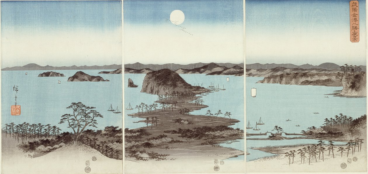 Vista nocturna de los ocho sitios famosos en Kanazawa (Buyo Kanazawa hassho yakei) de Utagawa Hiroshige