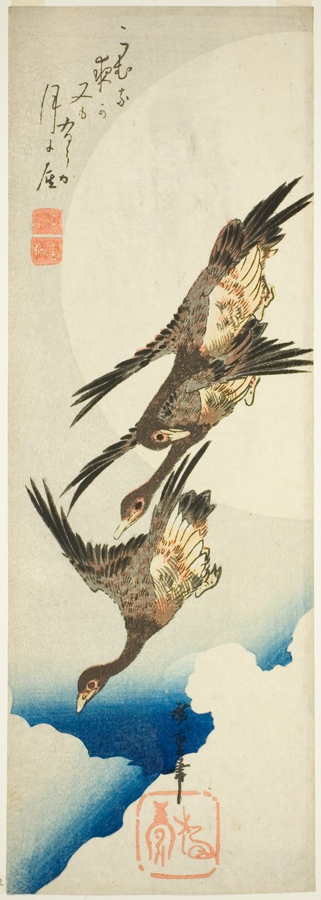 Gansos volando y luna llena de Utagawa Hiroshige