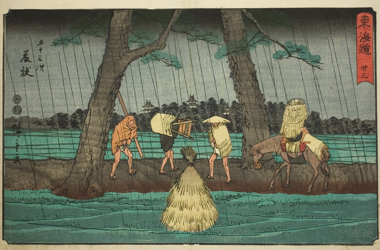 Fujieda—No. 23, de la serie "Cincuenta y tres Estaciones del Tokaido (Tokaido gojusan tsugi)," también conocida como el Reisho Tokaido de Utagawa Hiroshige