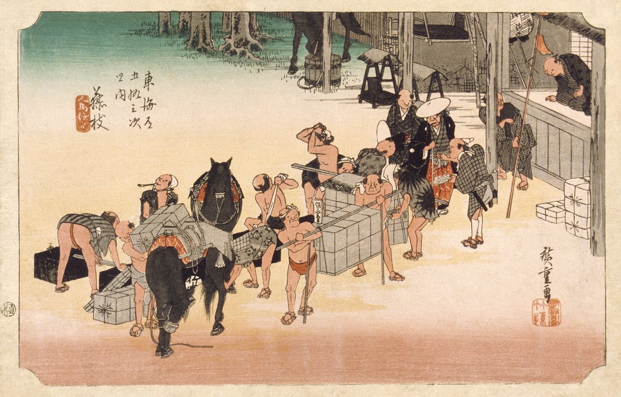 Fujieda: porteadores y caballos de relevo de Utagawa Hiroshige
