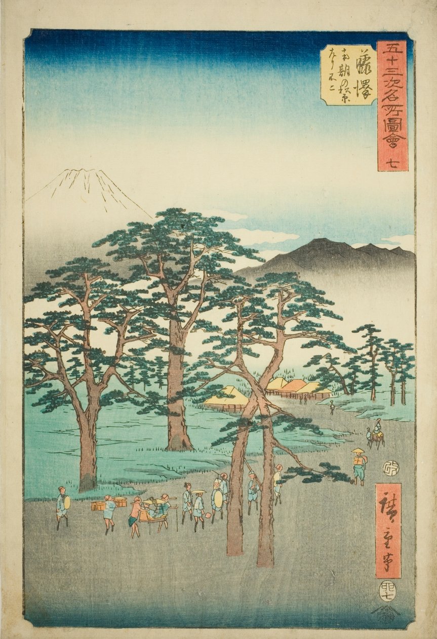 Fujisawa: Monte Fuji a la izquierda desde el bosque de pinos Nanki, no. 7 de la serie "Vistas famosas de las cincuenta y tres estaciones" de Utagawa Hiroshige