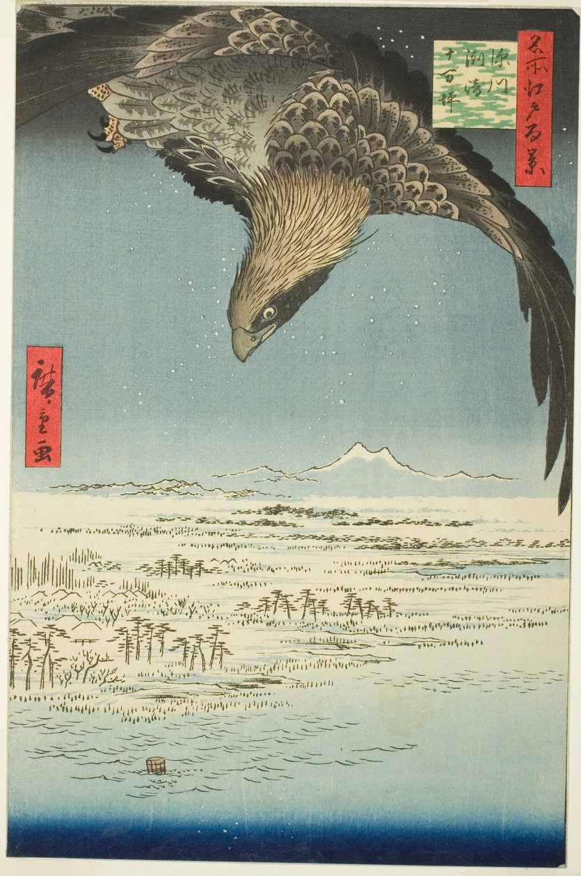 Fukagawa Susaki y Jumantsubo (Fukagawa Susaki Jumantsubo), de la serie "Cien vistas famosas de Edo (Meisho Edo hyakkei)" de Utagawa Hiroshige