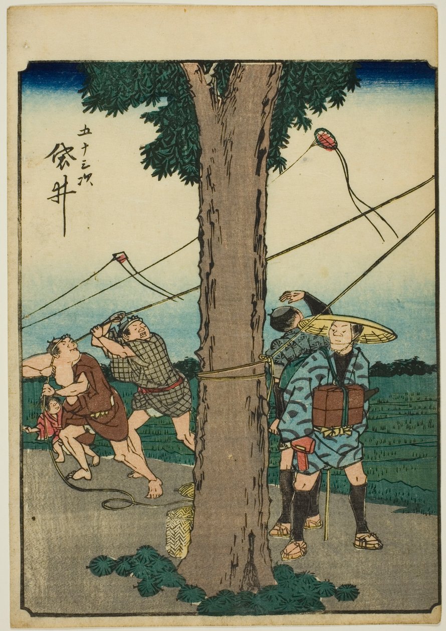 Fukuroi, de la serie "Cincuenta y tres estaciones [del Tokaido]," también conocida como el Tokaido de figuras de Utagawa Hiroshige