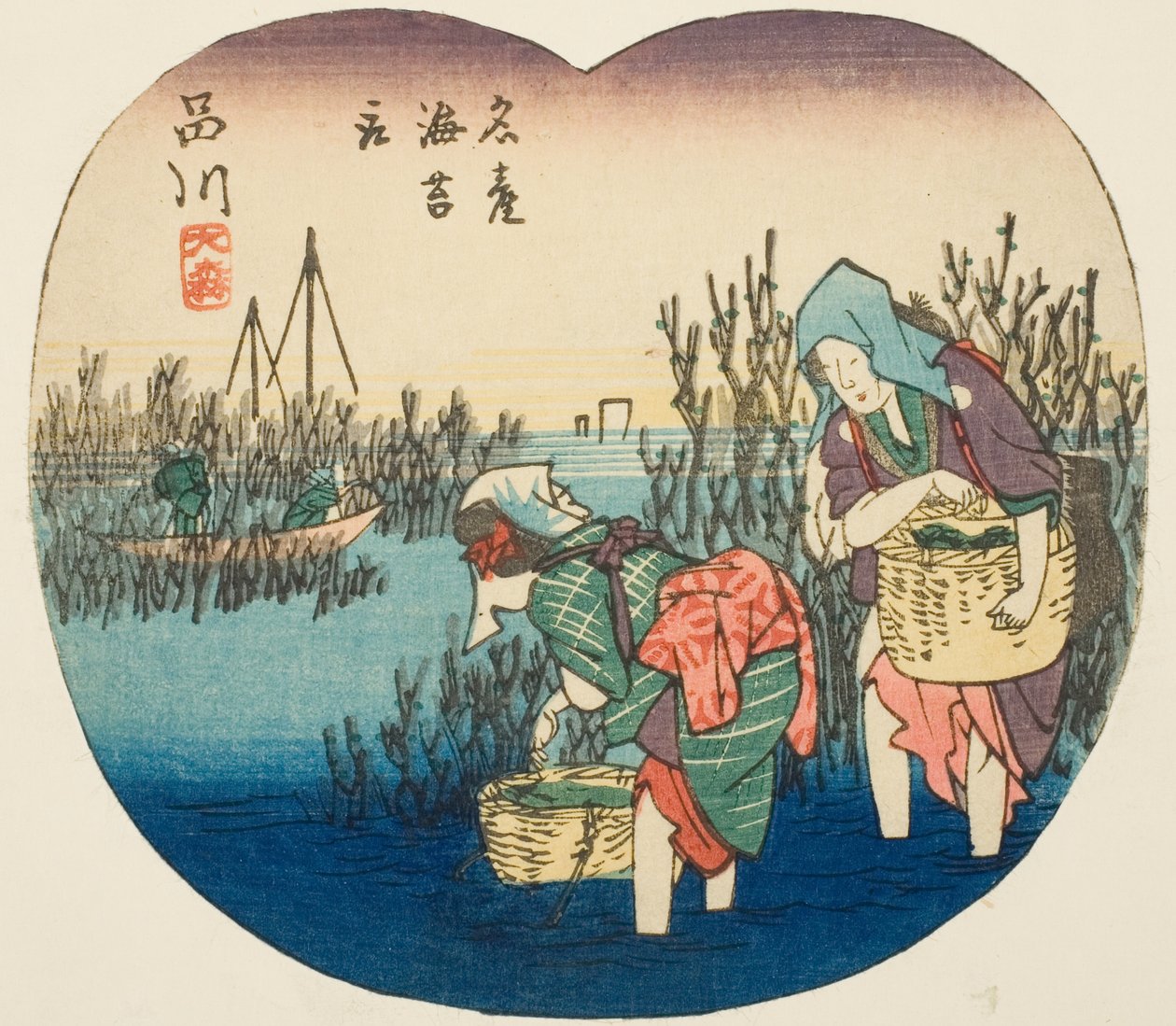Sammeln von Seetang in Omori in Shinagawa (Shinagawa, Omori, meisan nori tori), Abschnitt von Blatt Nr. 1 aus der Serie "Ausschnittbilder der Tokaido-Straße (Tokaido harimaze zue)" von Utagawa Hiroshige