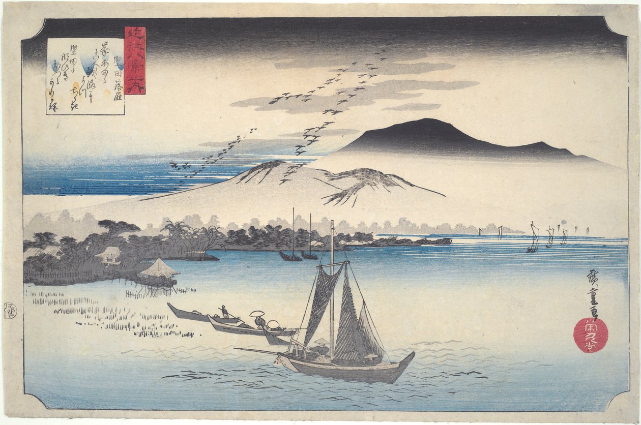 Gansos descendiendo en Katada: ocho vistas de Omi de Utagawa Hiroshige