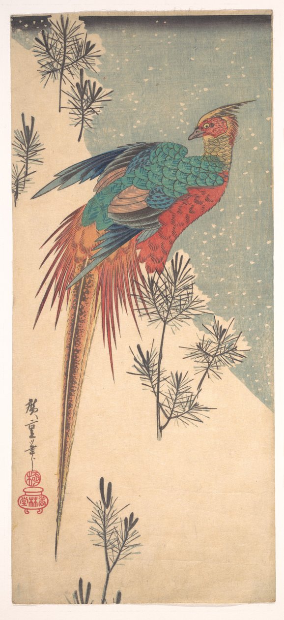 Faisán dorado y brotes de pino en la nieve de Utagawa Hiroshige