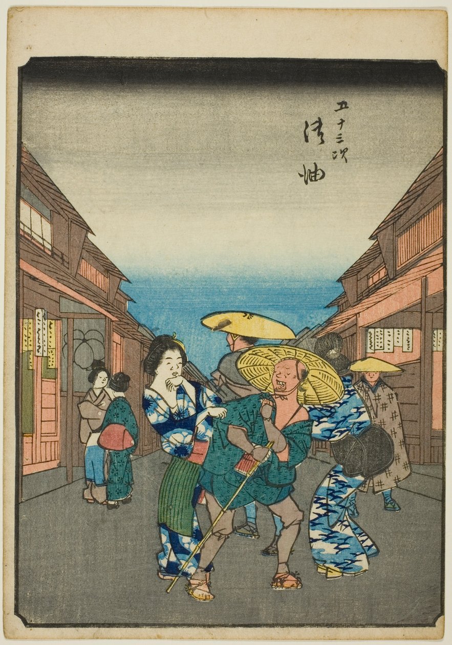 Goyu, de la serie "Cincuenta y tres estaciones [del Tokaido] (Gojusan tsugi)", también conocida como el Tokaido de figuras (Jinbutsu Tokaido) de Utagawa Hiroshige