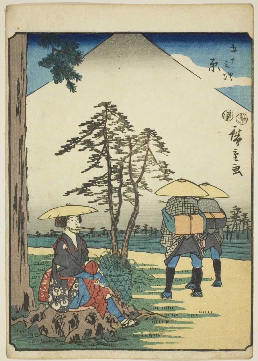 Hara, de la serie "Cincuenta y tres estaciones [del Tokaido] (Gojusan tsugi)," también conocida como el Tokaido de figuras (Jinbutsu Tokaido) de Utagawa Hiroshige