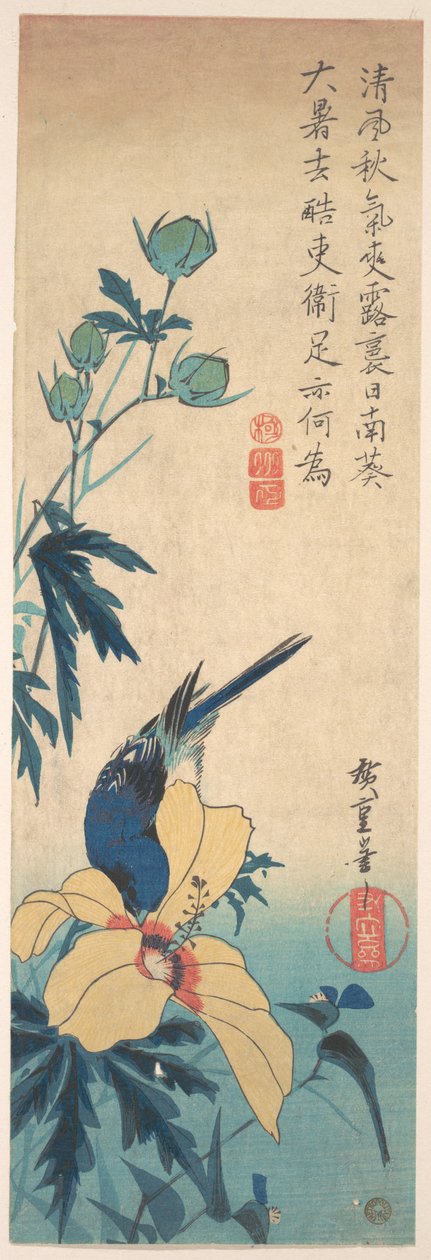 Hibisco y pájaro azul de Utagawa Hiroshige
