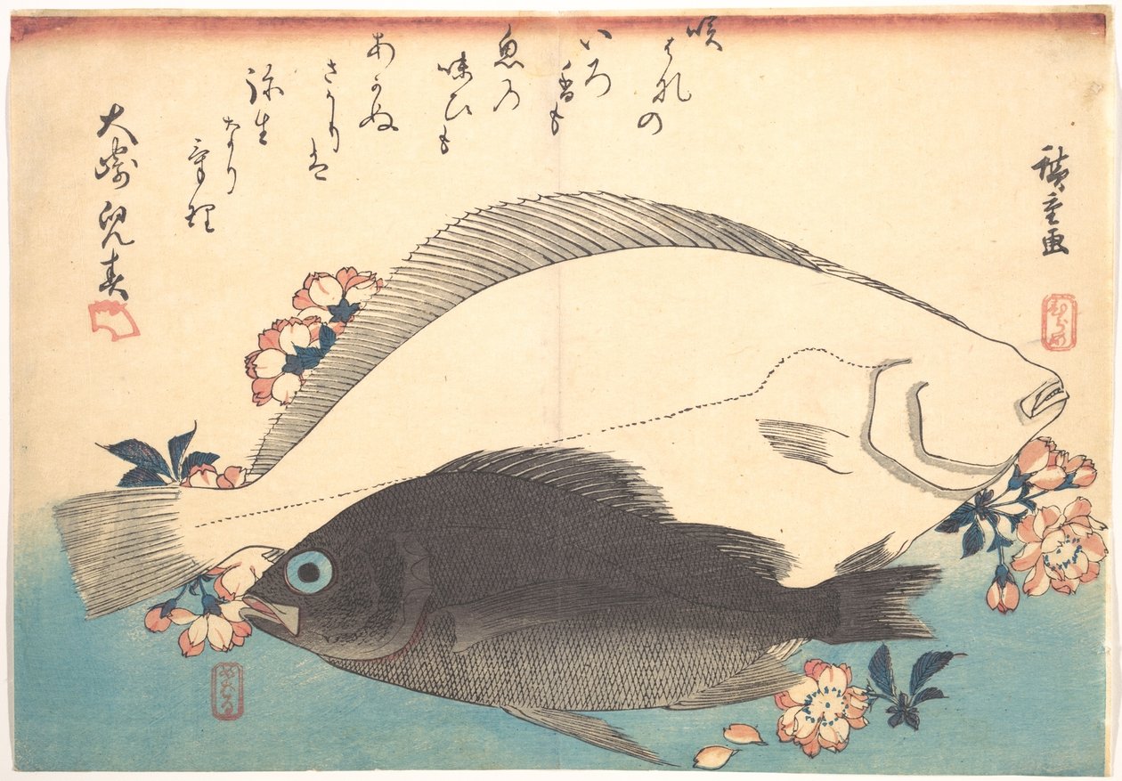 Peces hirame y mebaru con flores de cerezo, de la serie Uozukushi - Todas las variedades de peces de Utagawa Hiroshige