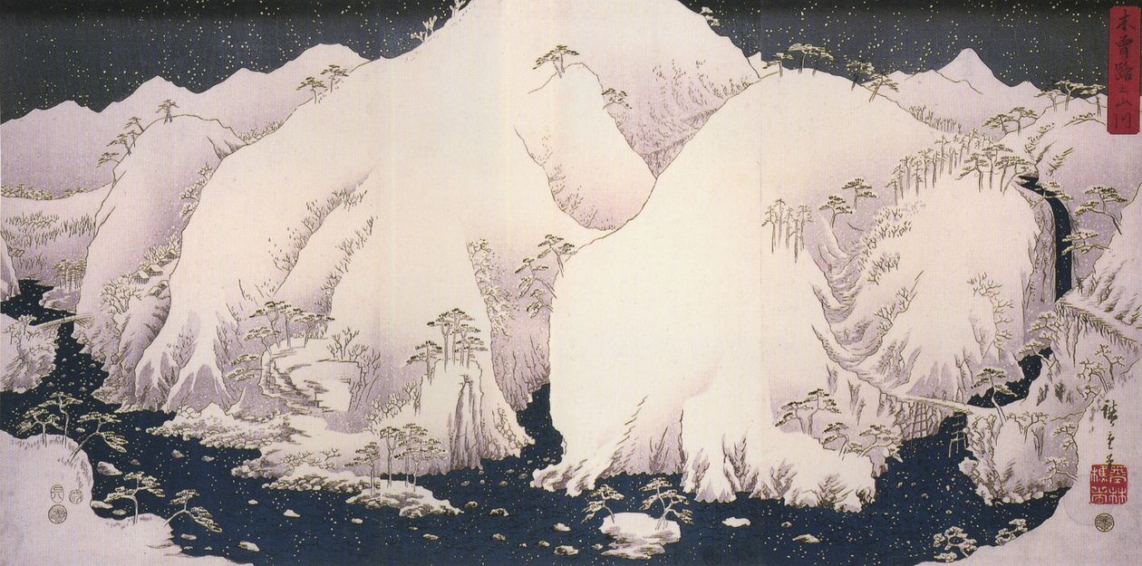 Hiroshige, Un río entre montañas nevadas de Utagawa Hiroshige