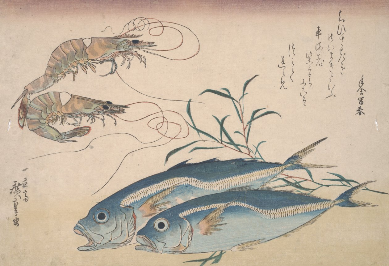 Jurel, Gambas de Agua Dulce y Algas de Utagawa Hiroshige