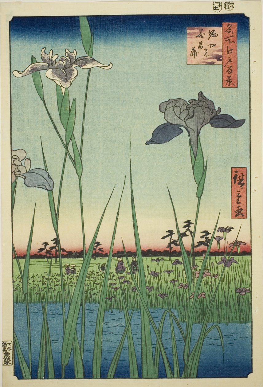 Lirios en Horikiri (Horikiri no hanashobu), de la serie "Cien vistas famosas de Edo (Meisho Edo hyakkei)" de Utagawa Hiroshige