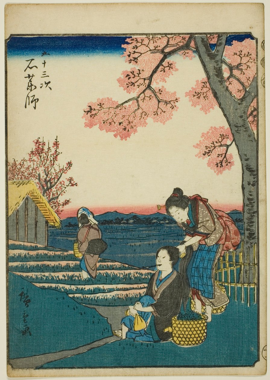 Ishiyakushi, de la serie "Cincuenta y Tres Estaciones [del Tokaido] (Gojusan tsugi)," también conocido como el Tokaido de Figuras (Jinbutsu Tokaido) de Utagawa Hiroshige