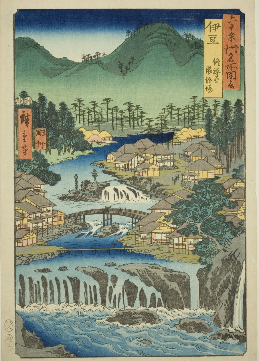 Provincia de Izu: Aguas Termales del Templo Shuzen (Izu, Shuzenji tojiba), de la serie "Lugares Famosos en las Sesenta y Pocas Provincias (Rokujuyoshu meisho zue)" de Utagawa Hiroshige