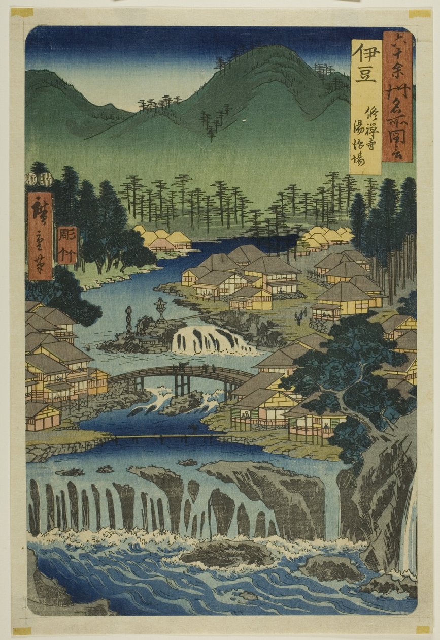 Provincia de Izu: Aguas termales del templo de Shuzen (Izu, Shuzenji tojiba), de la serie "Lugares famosos de las sesenta y tantas provincias (Rokujuyoshu meisho zue)". de Utagawa Hiroshige