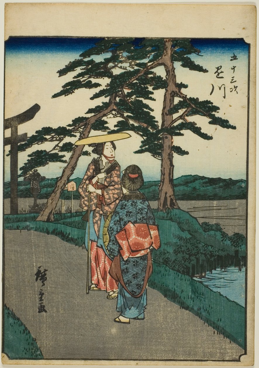 Kakegawa, de la serie "Cincuenta y tres estaciones [del Tokaido] (Gojusan tsugi)," también conocido como el Tokaido de figuras (Jinbutsu Tokaido) de Utagawa Hiroshige