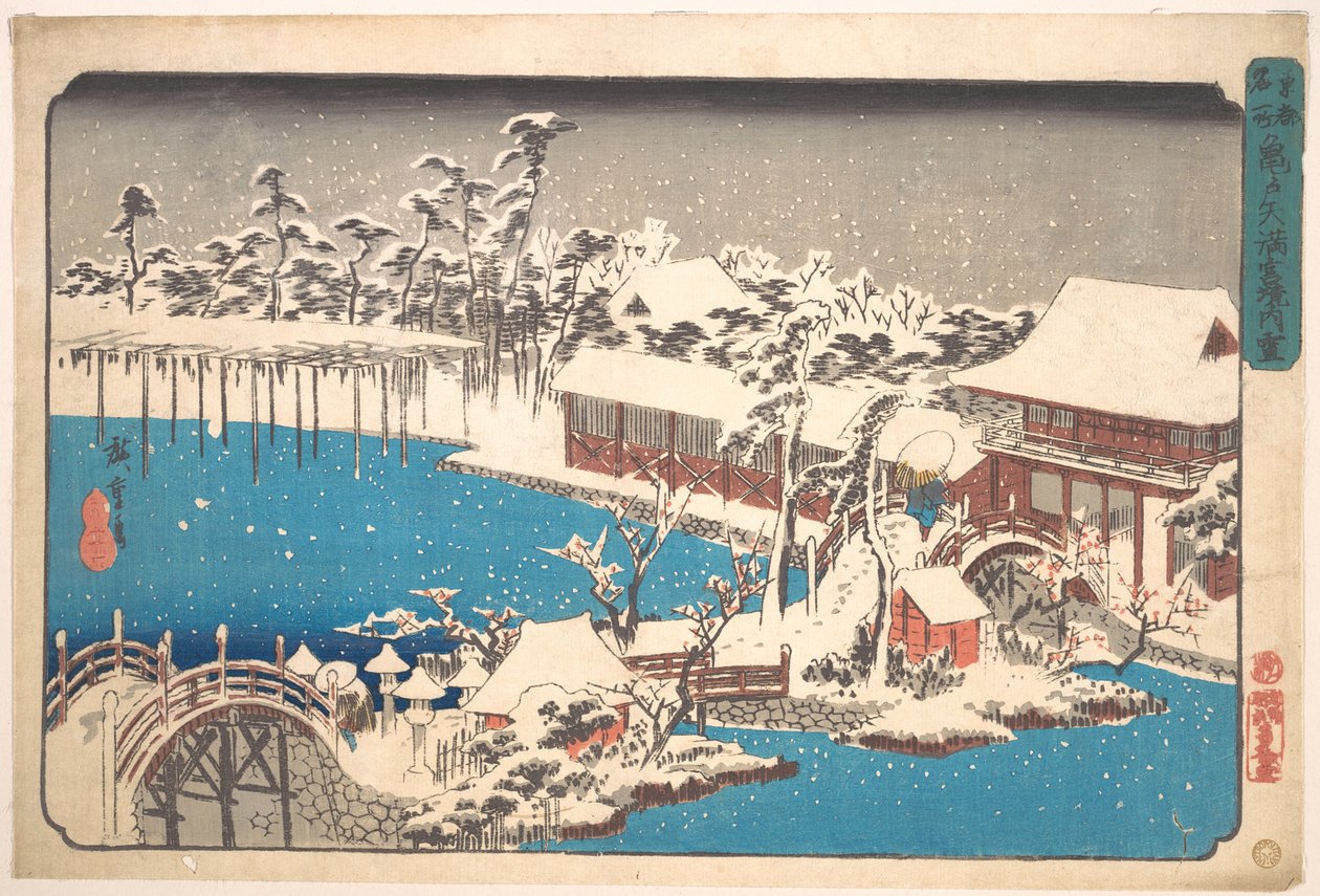 Nieve en el recinto del santuario Kameido Tenmangu de Utagawa Hiroshige
