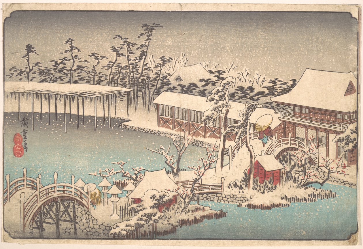 Nieve en el recinto del Kameido Tenmangū de Utagawa Hiroshige