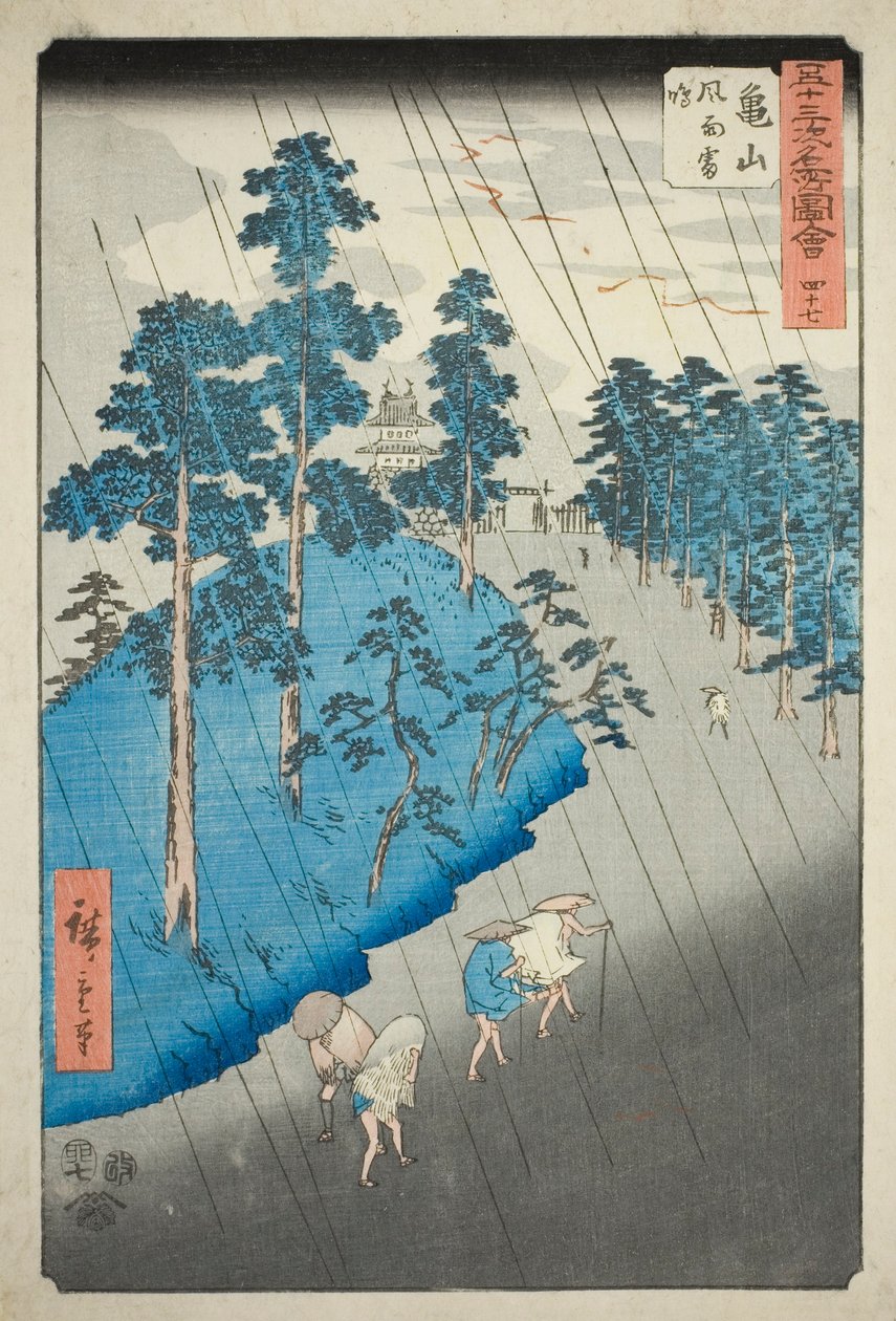 Kameyama: Viento, lluvia y trueno, no. 47 de la serie "Vistas famosas de las cincuenta y tres estaciones" de Utagawa Hiroshige