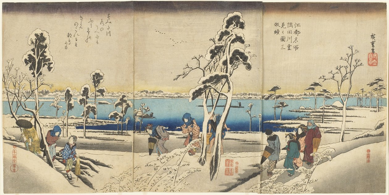 Koto meisho Sumida-gawa yuki-mi no zu san-mai tsuzuki de Utagawa Hiroshige