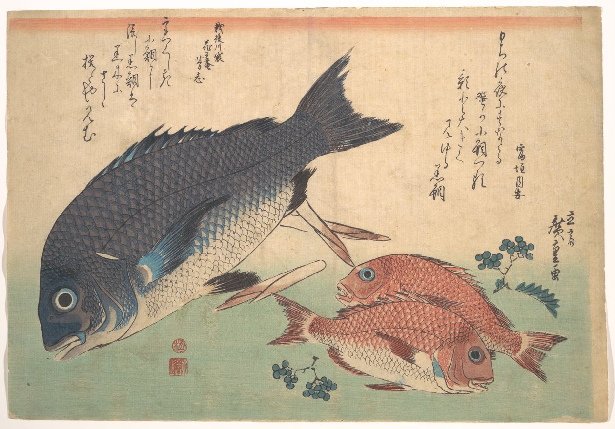 Pescado Kurodai y Kodai con brotes de bambú y bayas, de la serie «Uozukushi» (Todas las variedades de pescado) de Utagawa Hiroshige