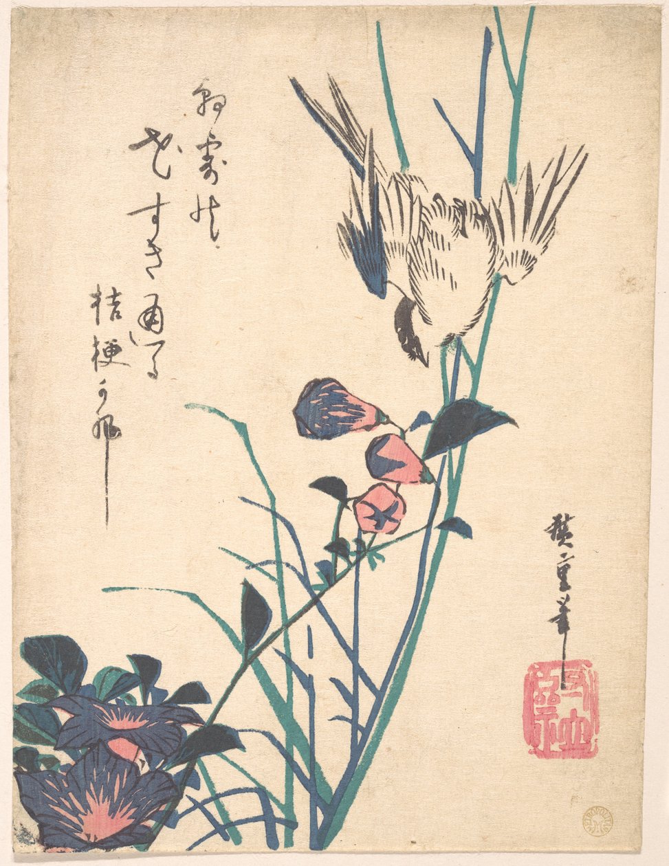 Papamoscas de pico plano de flores grandes y gorrión de Utagawa Hiroshige