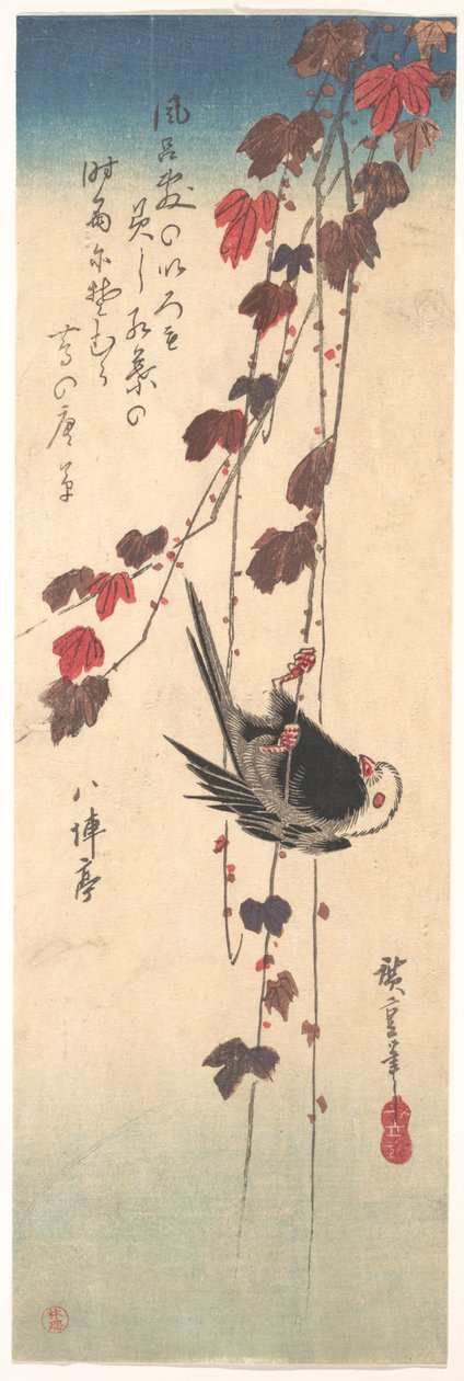 Carbonero de cola larga en una hiedra otoñal de Utagawa Hiroshige