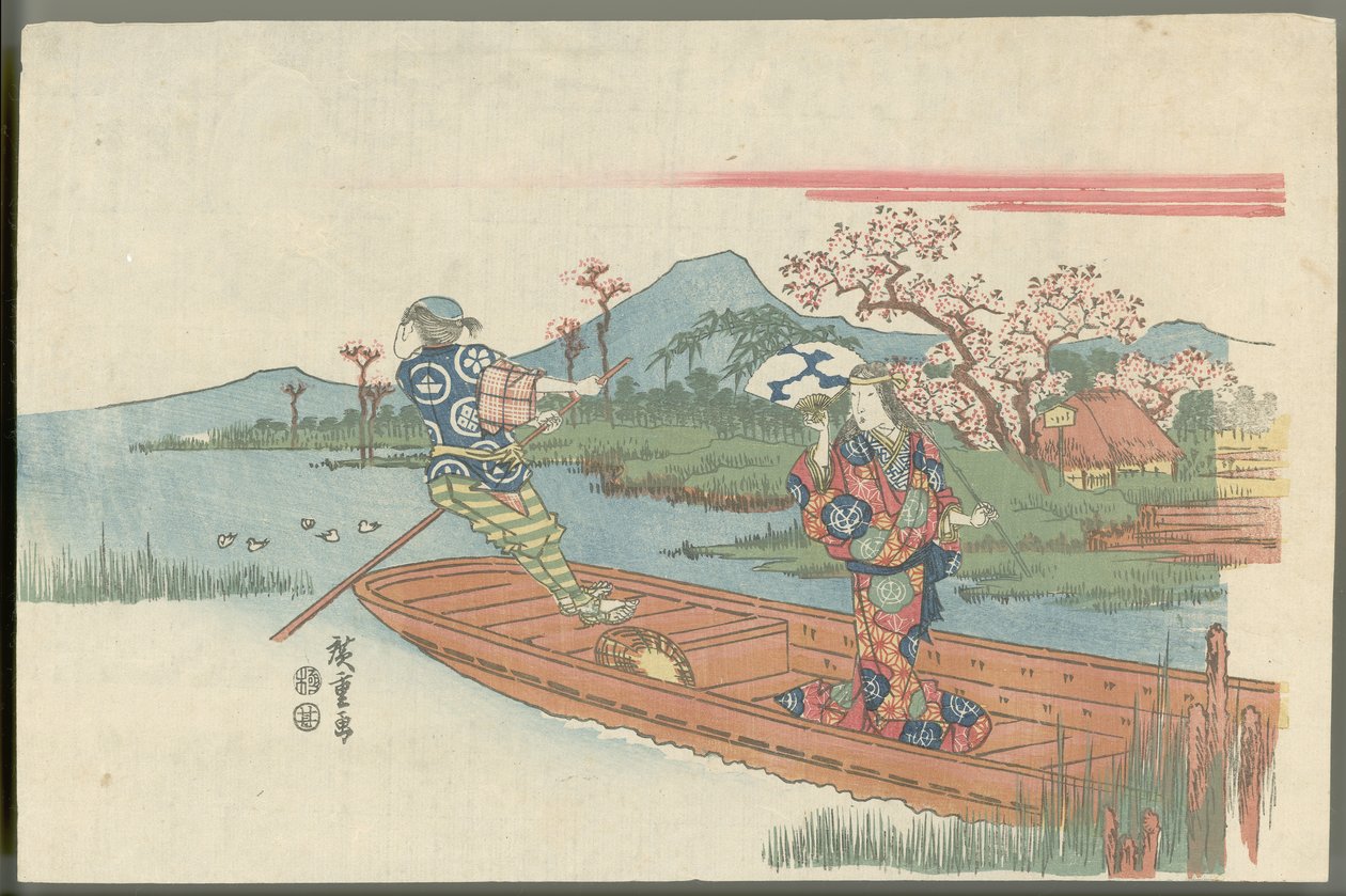 Mujer loca en un transbordador cerca del templo Mokubōji (escena de la obra de nō Sumidagawa) de Utagawa Hiroshige