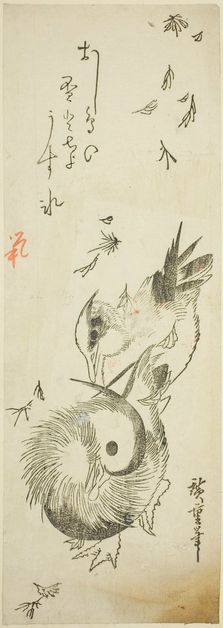 Patos mandarines cruzando un estanque helado entre hojas caídas de Utagawa Hiroshige