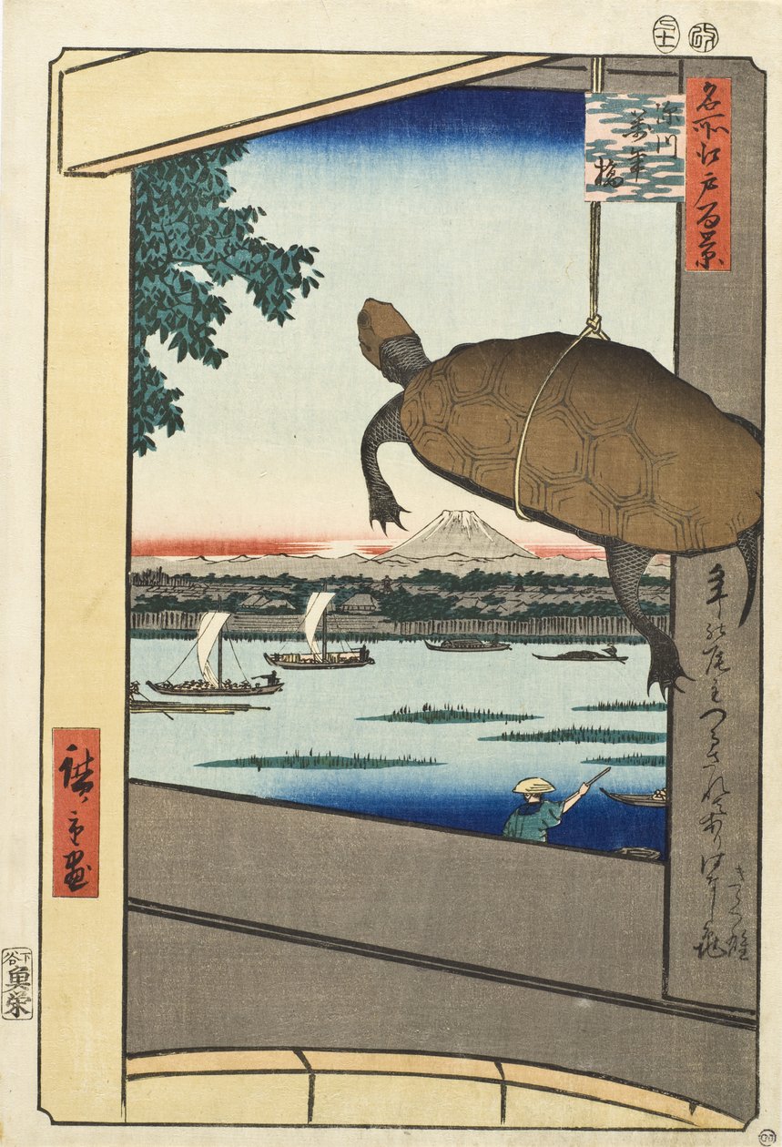 El hombre Bridge, Fukagawa de Utagawa Hiroshige