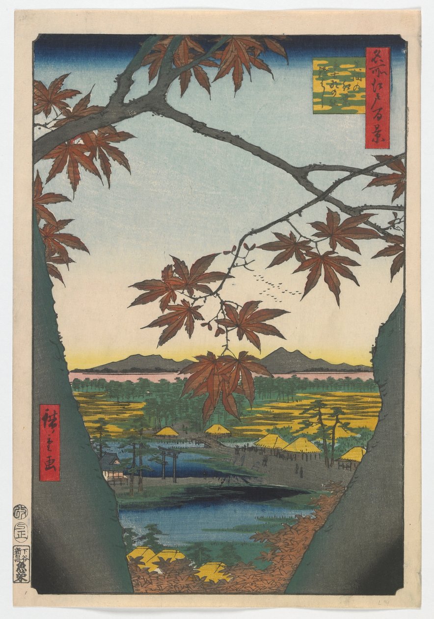 Árboles de arce en Mama, Santuario Tekona y Puente Vinculado, período Edo, 1857 de Utagawa Hiroshige