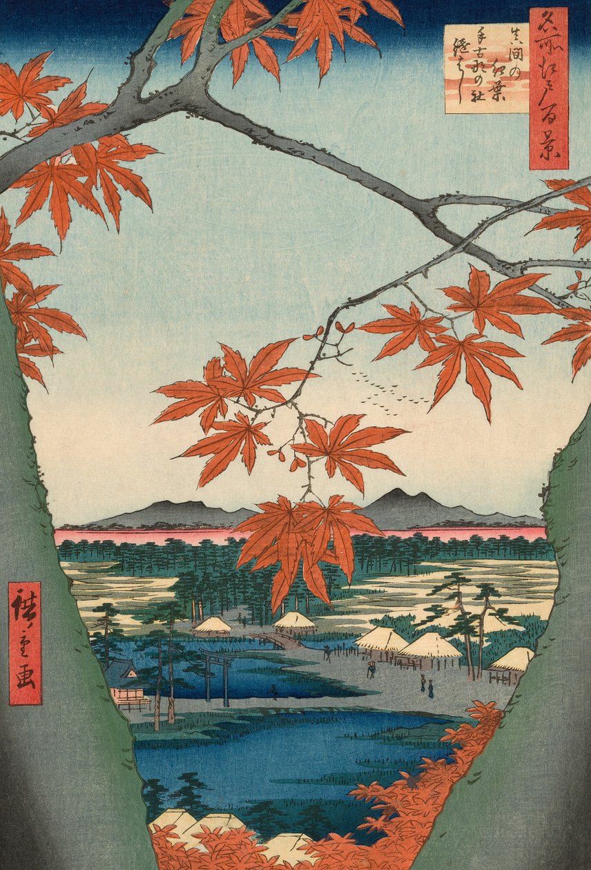 Árboles de Arce en Mama, Santuario Tekona y Puente Tsugi (Mama no momiji, Tekona no yashiro, Tsugihashi), de la serie "Cien Vistas Famosas de Edo (Meisho Edo hyakkei)" de Utagawa Hiroshige
