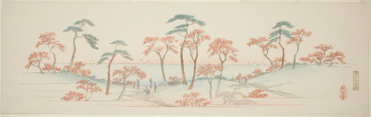 Arces en el Templo Kaianji (Kaianji koyo), de una serie sin título de vistas famosas de los suburbios de Edo de Utagawa Hiroshige