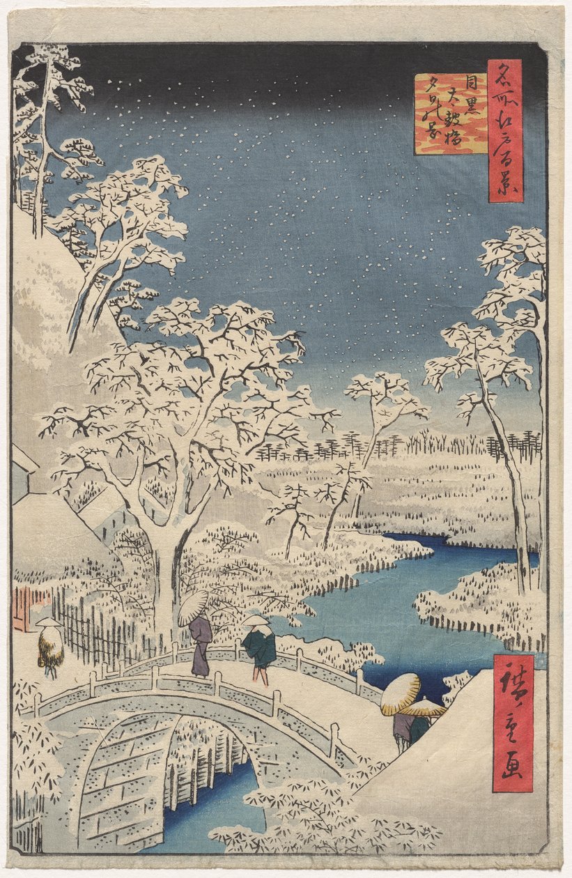 Imagen del crepúsculo en el Puente del Tambor en Meguro, de la serie 100 Vistas de Lugares Famosos en Edo de Utagawa Hiroshige