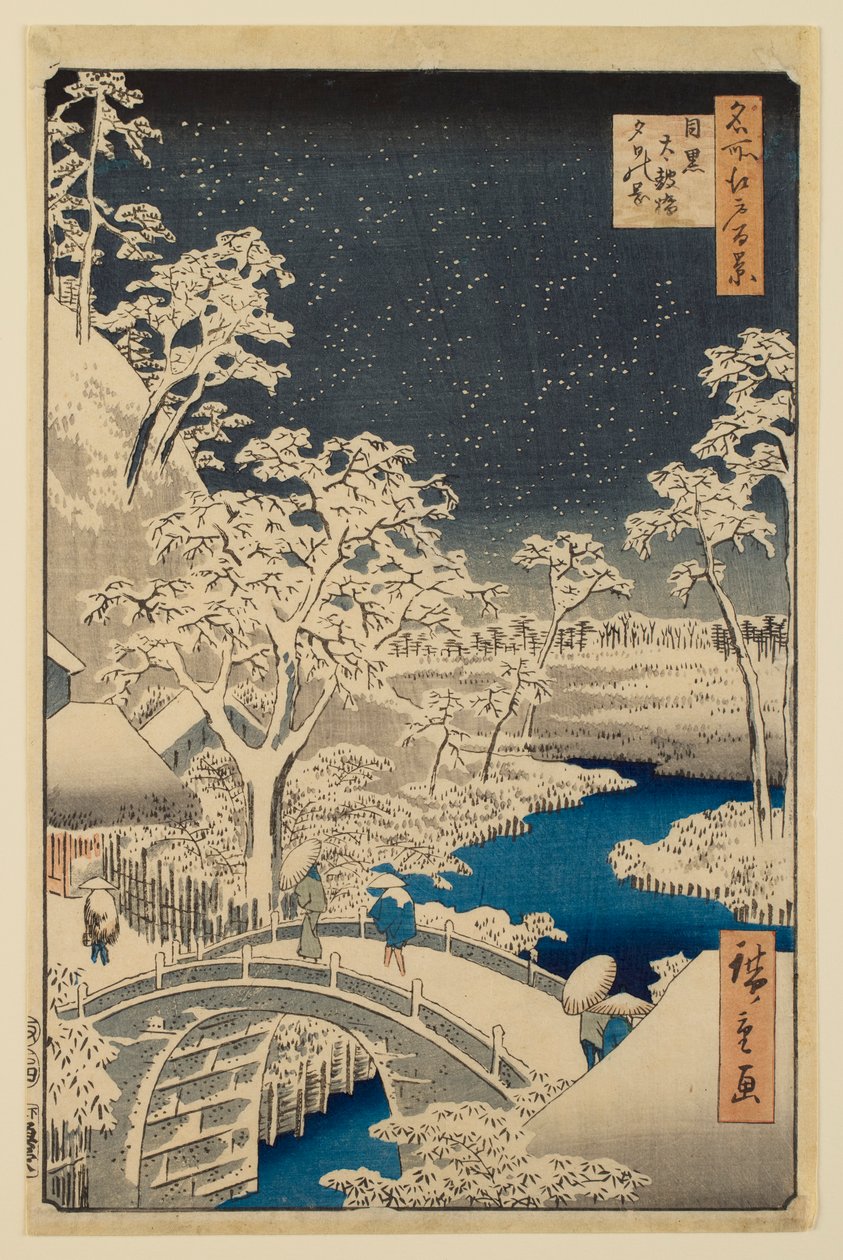 Puente del Tambor de Meguro y colina del ocaso, de la serie «Cien vistas famosas de Edo» de Utagawa Hiroshige