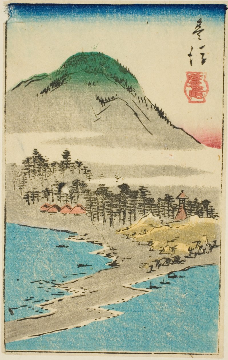 Minosaki en la provincia de Bungo (Bungo, Minosaki), sección de la hoja n.º 17 de la serie "Imágenes recortadas de las provincias (Kunizukushi harimaze zue)" de Utagawa Hiroshige