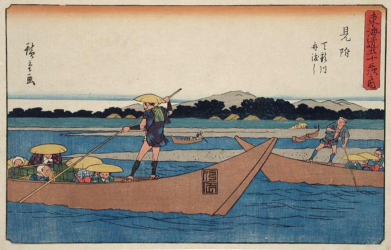Mitsuke: Transvase en transbordador por el río Tenryū de Utagawa Hiroshige