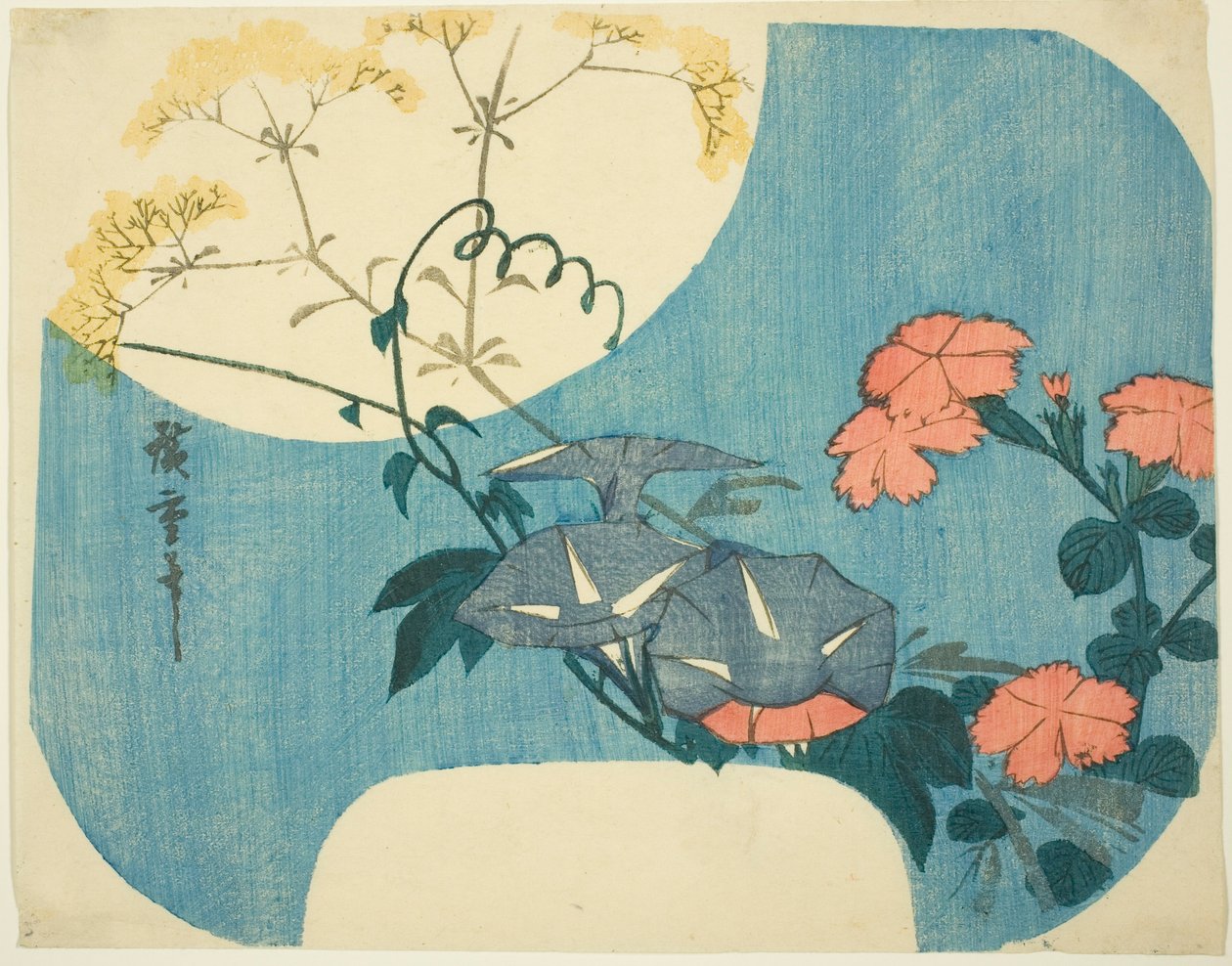 Glorias de la mañana, claveles y flor de doncella, de la serie "Siete flores de otoño a la luz de la luna" de Utagawa Hiroshige