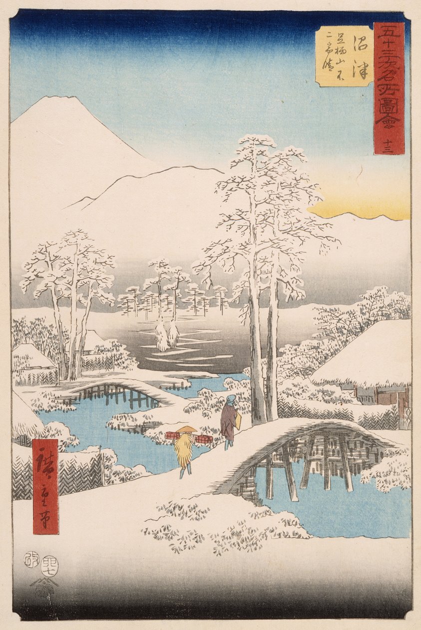 El monte Fuji y el monte Ashigara vistos desde Numazu en un día despejado tras una nevada de Utagawa Hiroshige