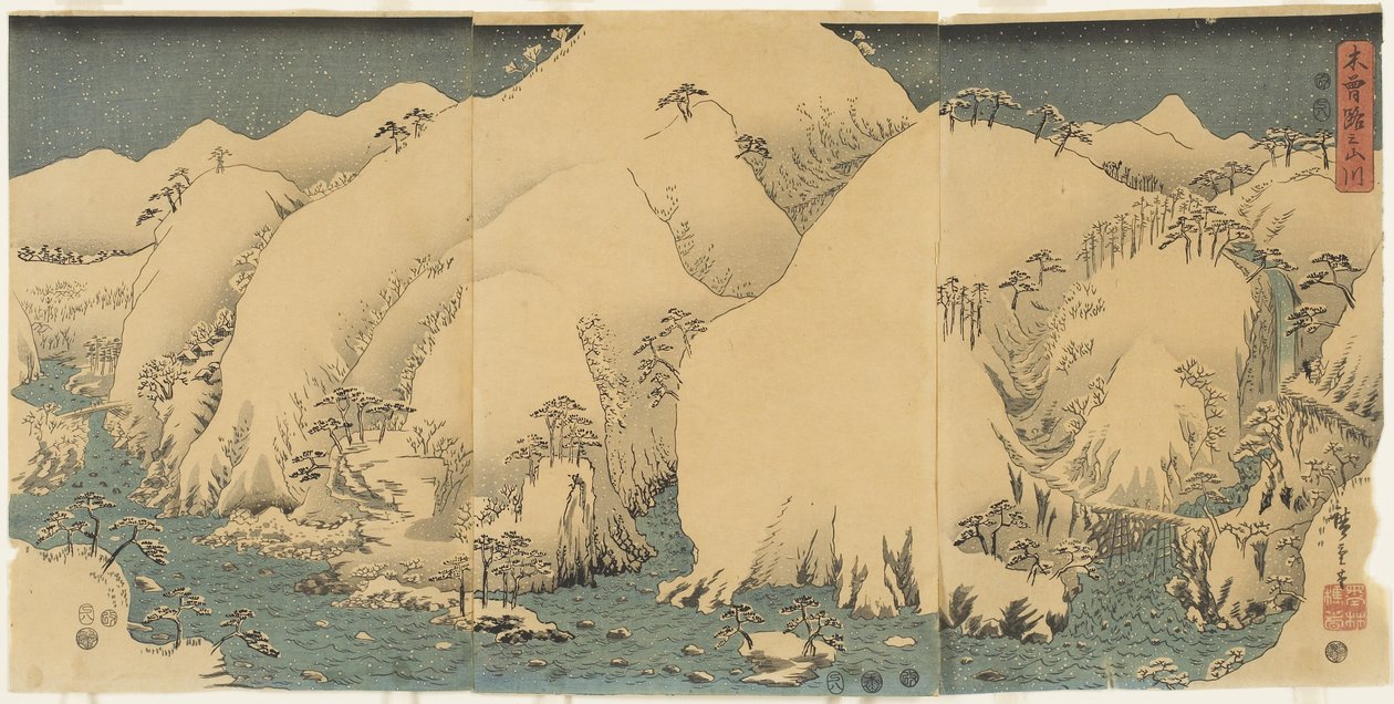 Montaña y río en el paso de Kiso, agosto 1857 de Utagawa Hiroshige