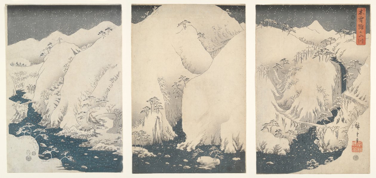 Montañas y ríos a lo largo de la autopista Kiso bajo la nieve de Utagawa Hiroshige