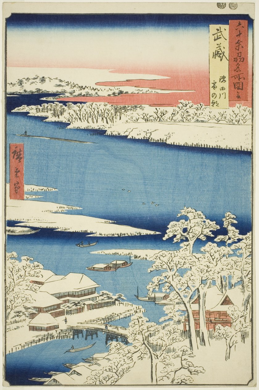 Provincia de Musashi: Mañana después de la nieve en el río Sumida (Musashi, Sumidagawa yuki no ashita), de la serie "Lugares famosos en las sesenta y tantas provincias (Rokujuyoshu meisho zue)" de Utagawa Hiroshige