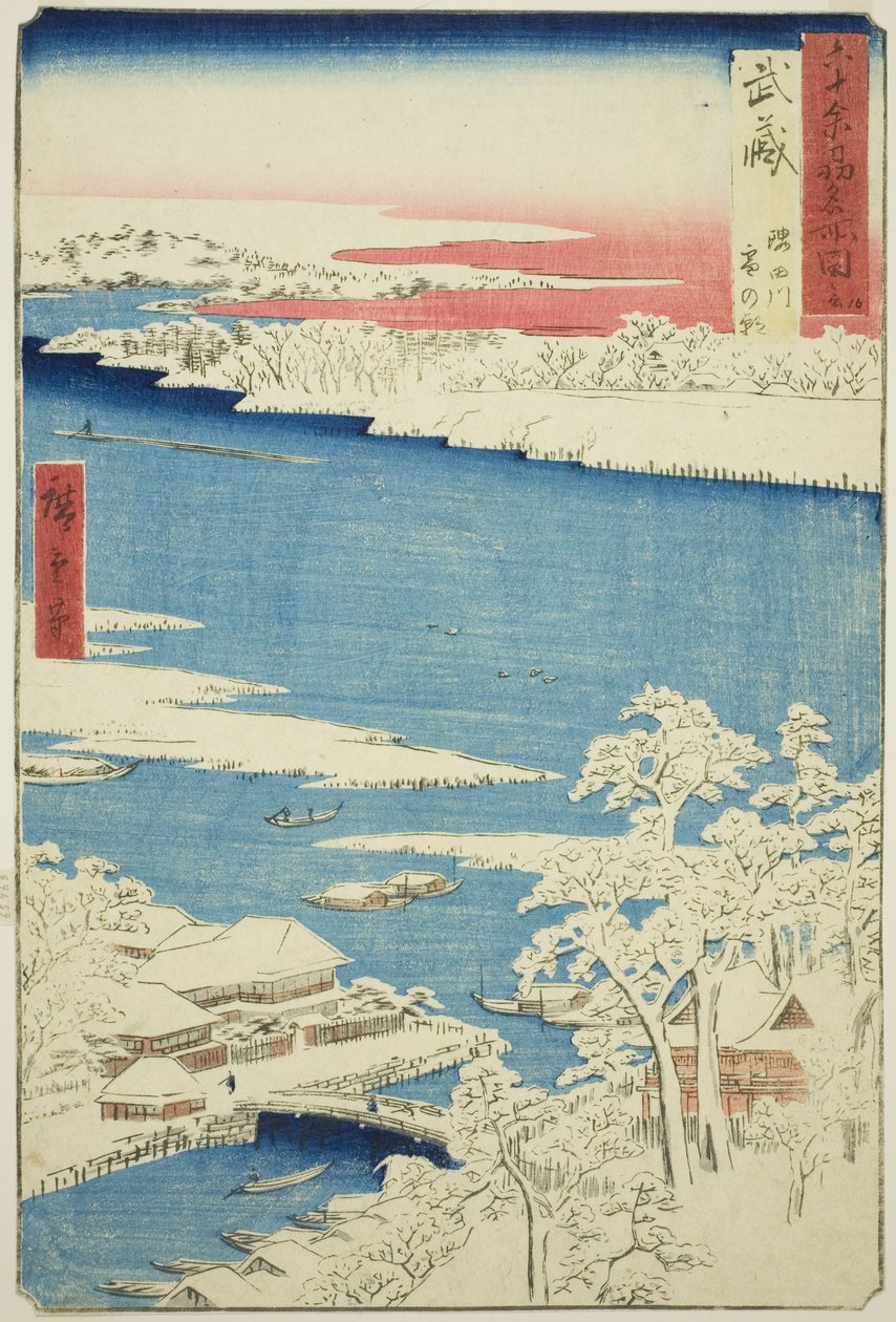 Provincia de Musashi: Mañana después de la nieve en el río Sumida (Musashi, Sumidagawa yuki no ashita), de la serie "Lugares famosos en las sesenta y tantas provincias (Rokujuyoshu meisho zue)" de Utagawa Hiroshige