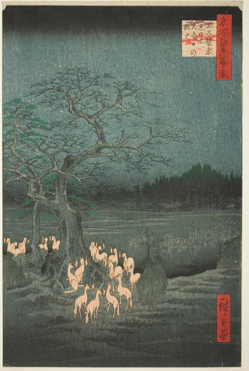 Fuegos de zorros en la víspera de Año Nuevo en el árbol cambiante (Ōji shozoku enoki omisoka no kitsunebi), de la serie Cien vistas famosas de Edo (Meisho Edo hyakkei) de Utagawa Hiroshige