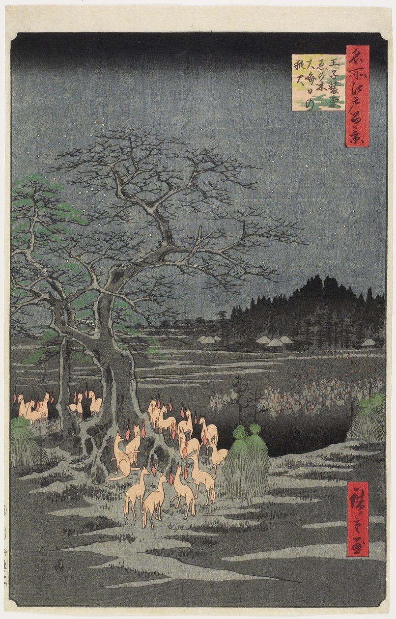 Fuegos de Zorros en la Nochevieja en Nettle Tree, O_ji, septiembre de 1857 de Utagawa Hiroshige